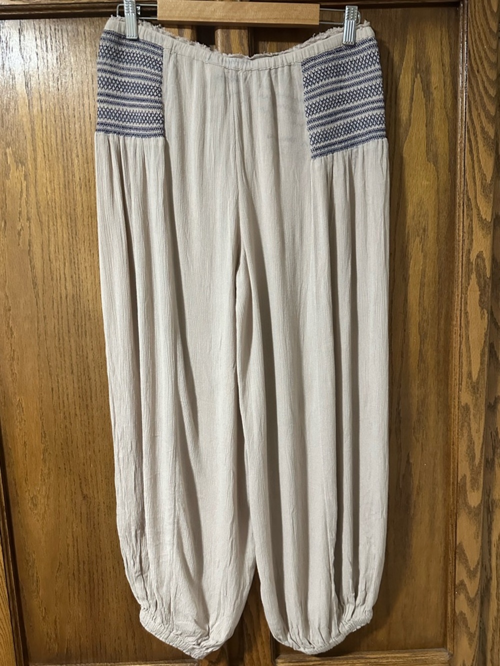 Free People Smocked Embroidered Waist Harem Pants Taupe and Navy Bohemian Sz M